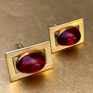 ANSON Gold with Red Cabochon Mid-Century Cufflinks